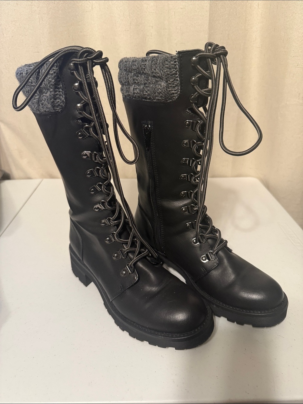 MIA Black Lace-Up Combat Boots with Gray Knit Cuff